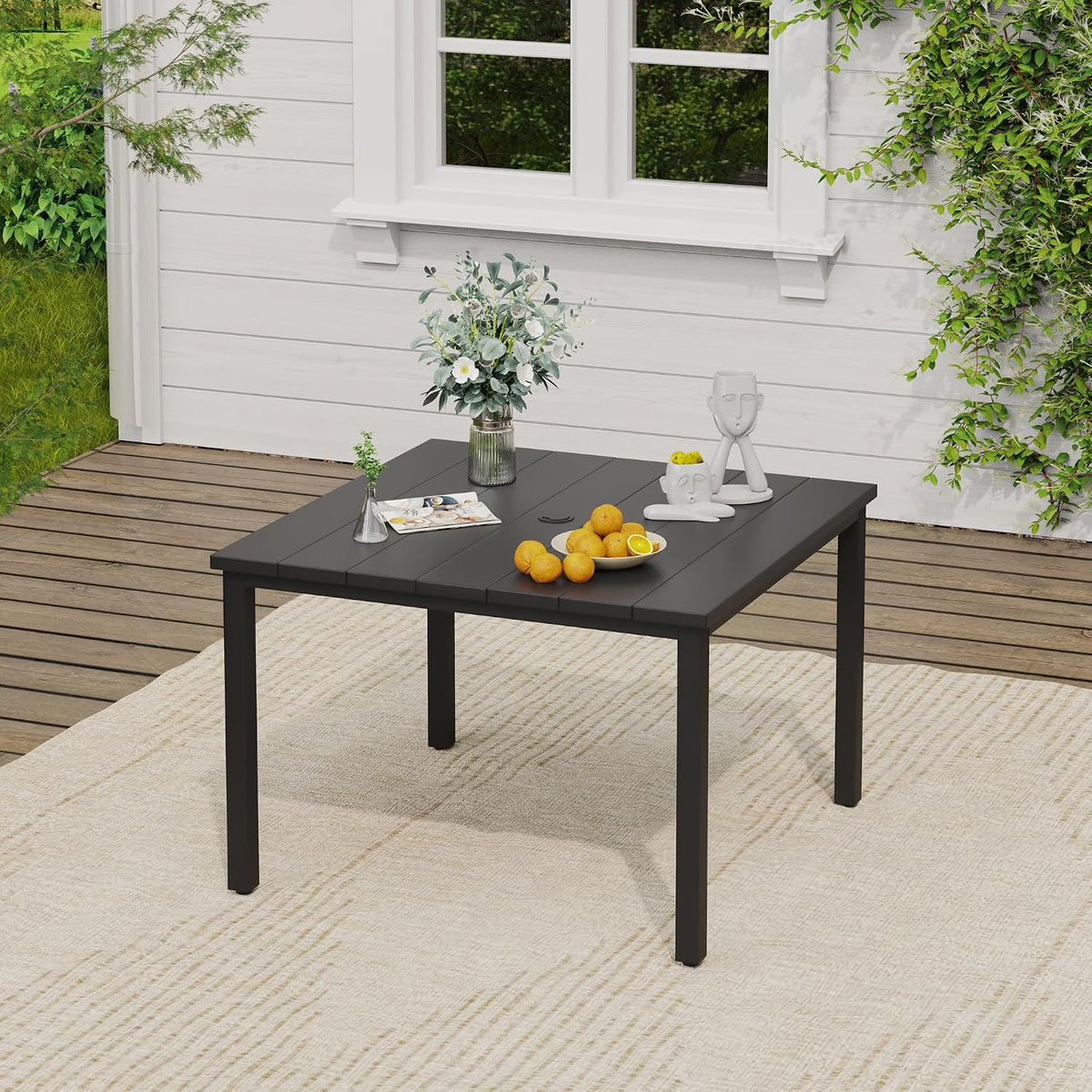 VICLLAX 5 Pieces Patio Dining Set, Patio Furniture Set of 4 Patio Stackable Dining Chairs and Outdoor Metal Square Table with Umbrella Hole for Backyard Lawn Garden, Blue Chairs and Black Table