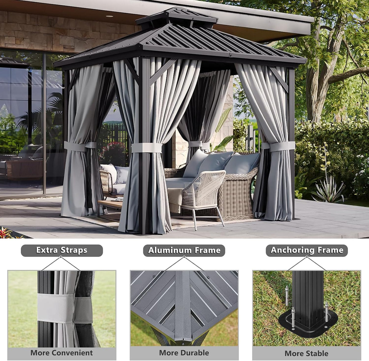 Aoxun 8 FTx 8FT Hardtop Gazebo with Double Galvanized Steel Roof, Outdoor Pavilion with Breathable Netting & Privacy Curtain for Backyard, Patio - Versatile for Family Gatherings, Carport (Gray)