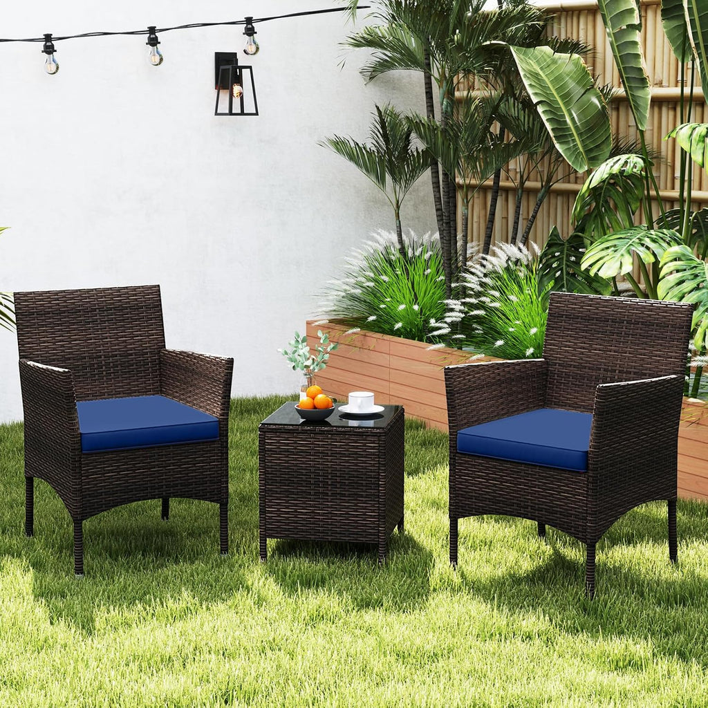 KOTEK 3 Piece Patio Furniture Set, Outdoor Wicker Patio Chairs with Soft Cushions & Tempered Glass Top Table, PE Rattan Bistro Set for Porch, Garden, Balcony (Navy)