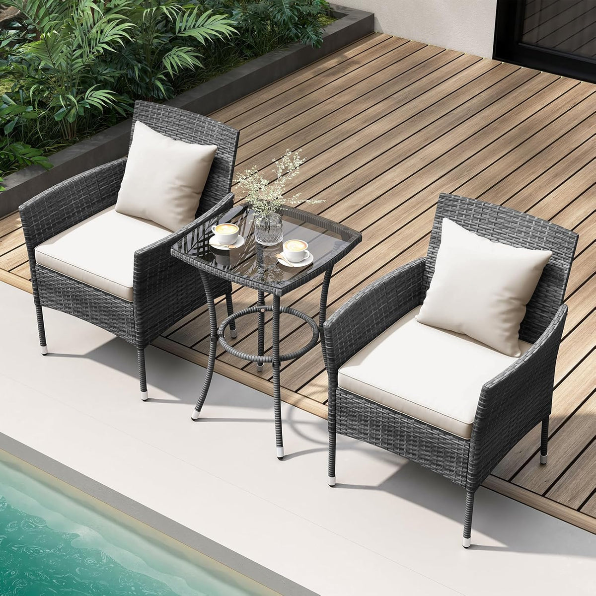 KOTEK 3 Pieces Patio Furniture Set, PE Rattan Outdoor Conversation Set with Tempered Glass Table & Soft Cushions, Wicker Bistro Set for Garden, Porch, Balcony (Off White)