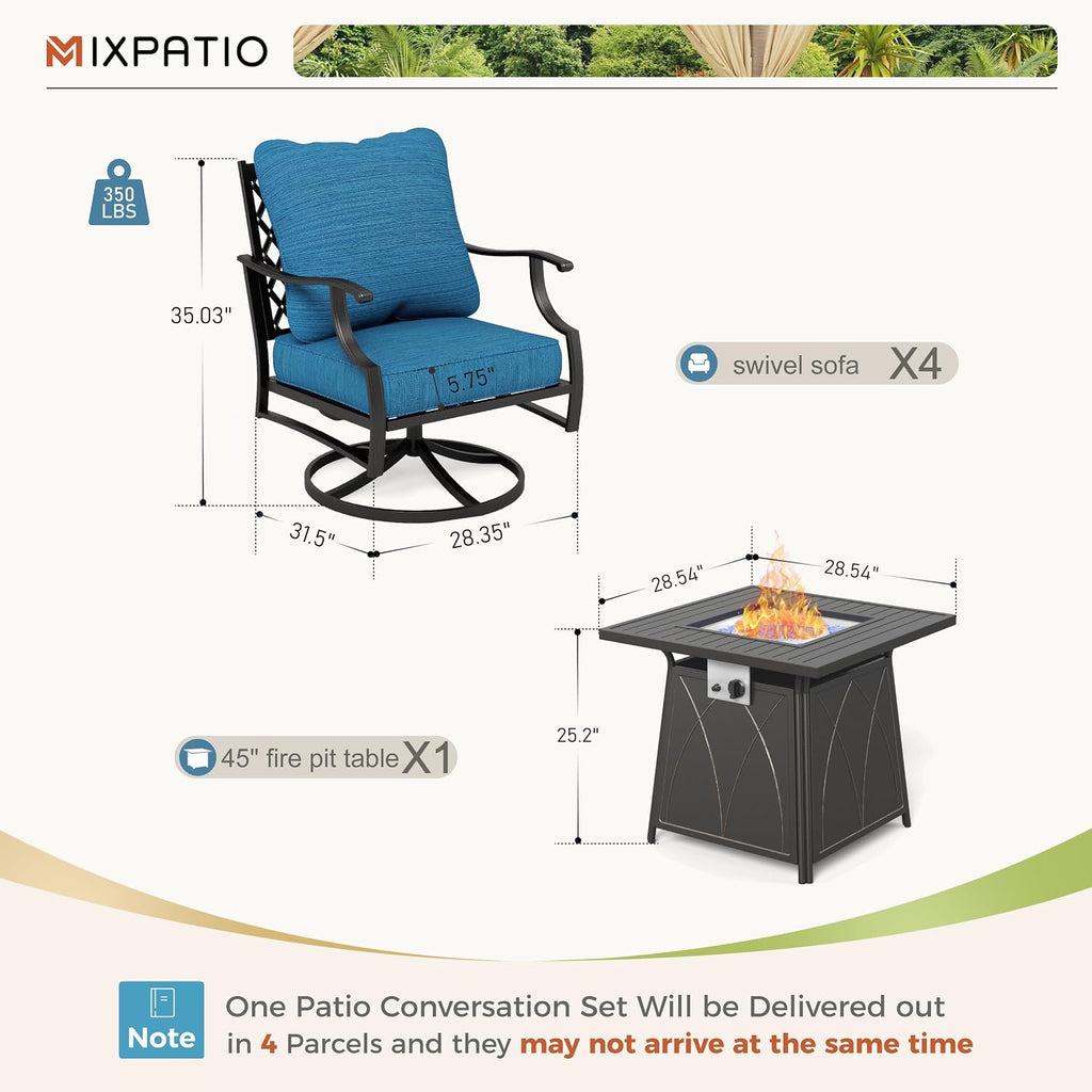 MIXPATIO Patio Furniture Set with Fire Pit Table, 5 Pcs Metal Outdoor Conversation Set, 4 Swivel Chairs with 5.75' Extra Thick Cushion and 28' Fire Pit Table for Backyard Deck, Green Blue