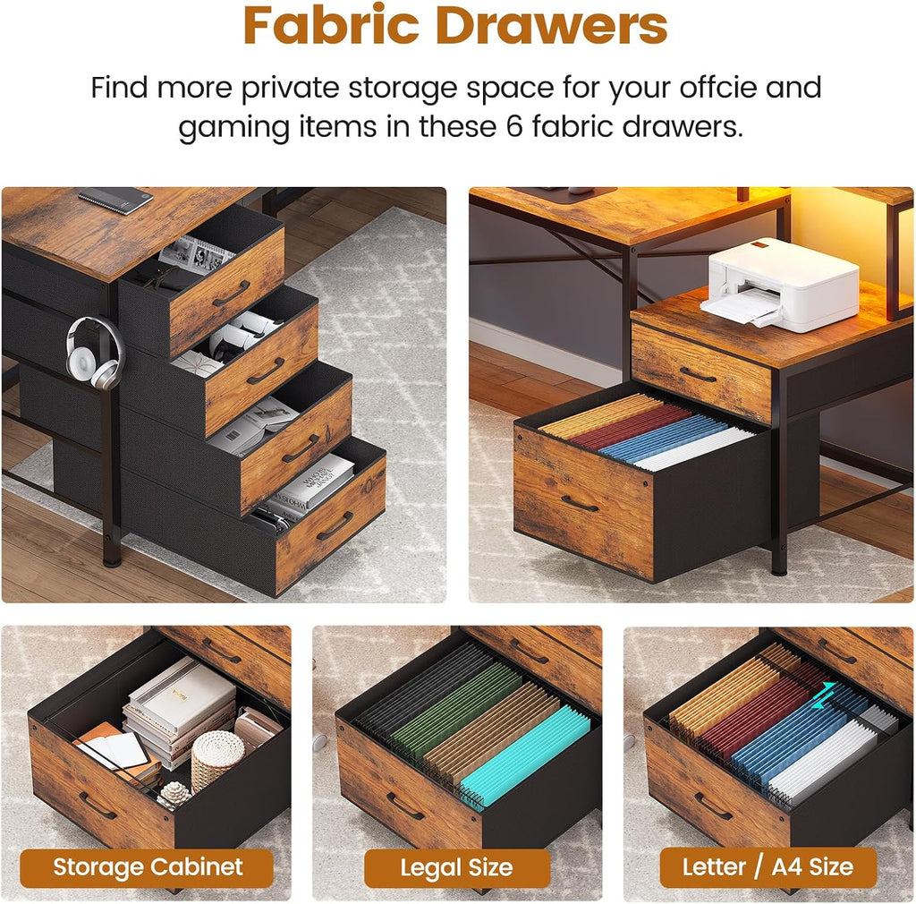 SEDETA L Shaped Desk with 6 Drawer, 108' Home Office Desk with File Drawer & Power Outlet, Corner Computer Desk with Monitor Shelf, Two Person Desk, Gaming Desk with Led Lights, Rustic Brown