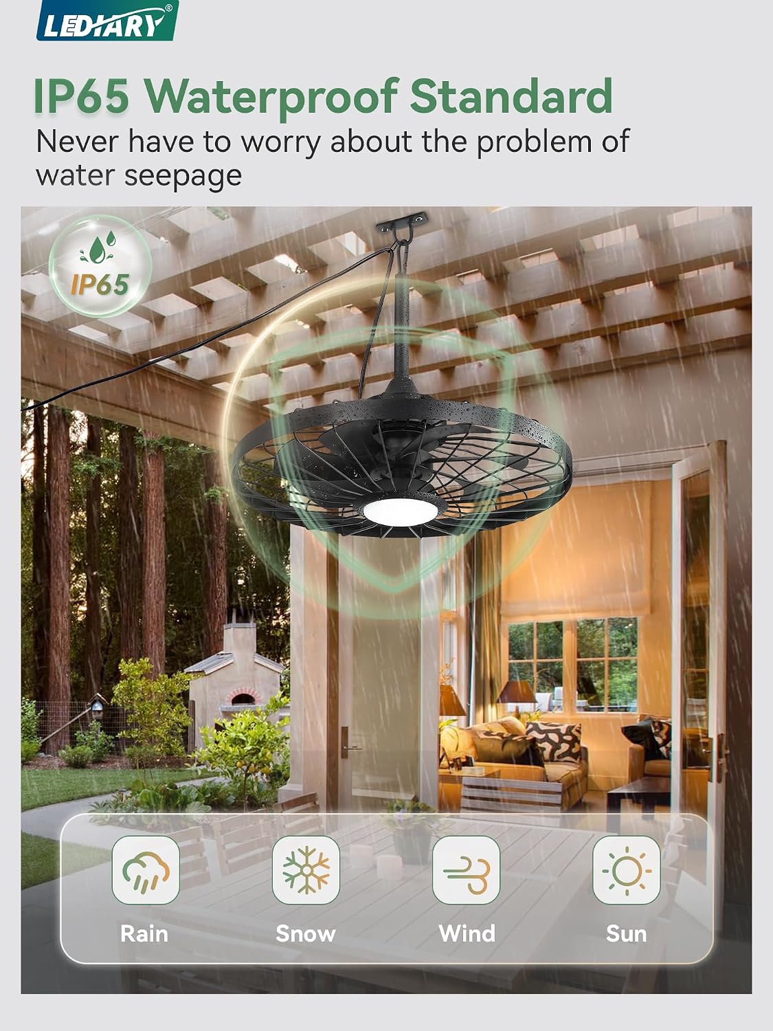 LEDIARY 24' Outdoor Ceiling Fan with Lights,IP65 Waterproof Gazebo Hanging Fan with Remote Control Smart App, Plug in Caged Ceiling Fan with 3CCT 6-Speeds for Patio Porch Pergola(Black)