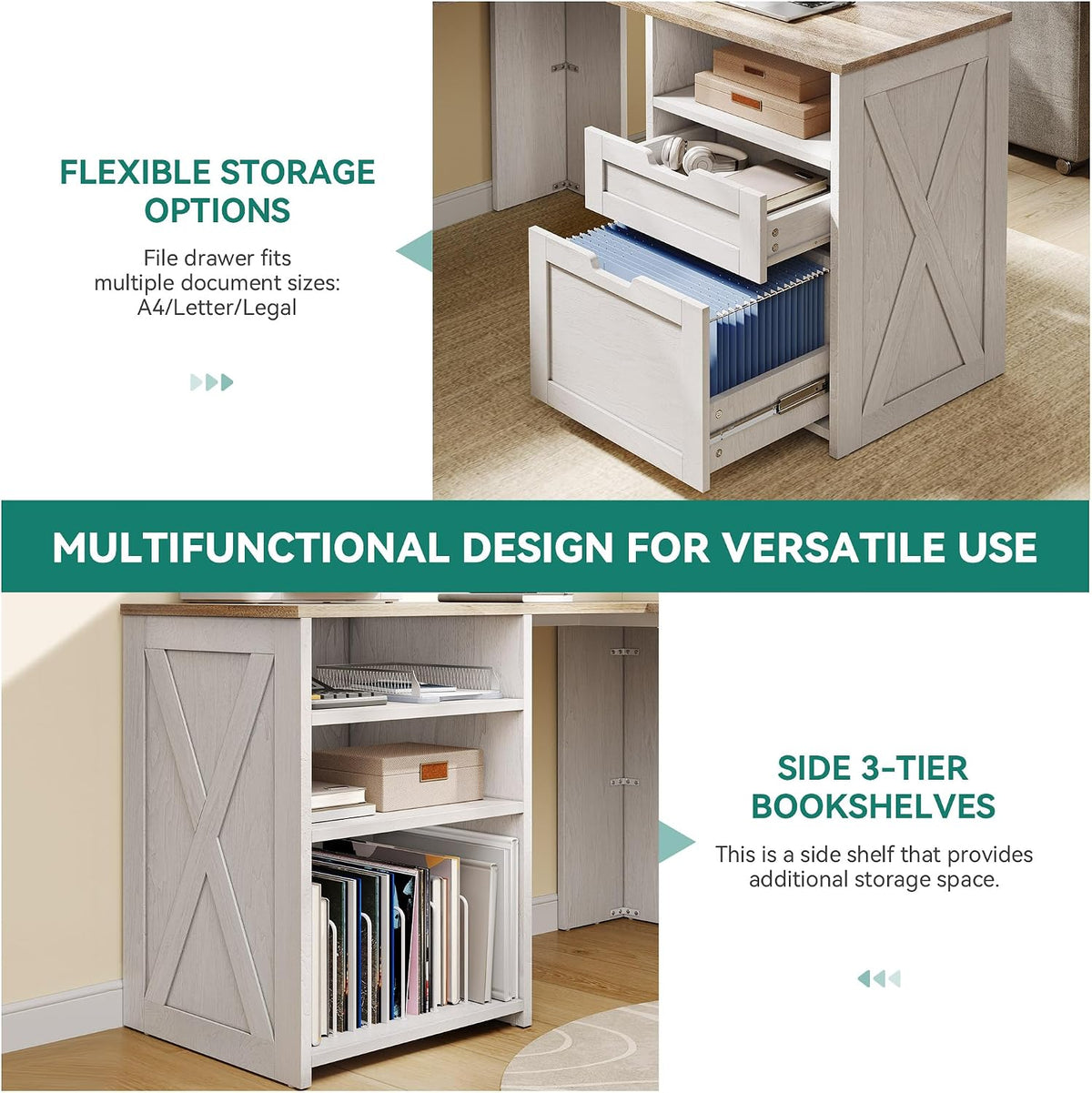 YITAHOME U Shaped Desk with Power Outlet & LED Lights, Farmhouse Computer Desk with Drawers, Wood Desk Home Office Desk with Monitor Stand & 5 Cubbies Storage Shelves, Grey Wash