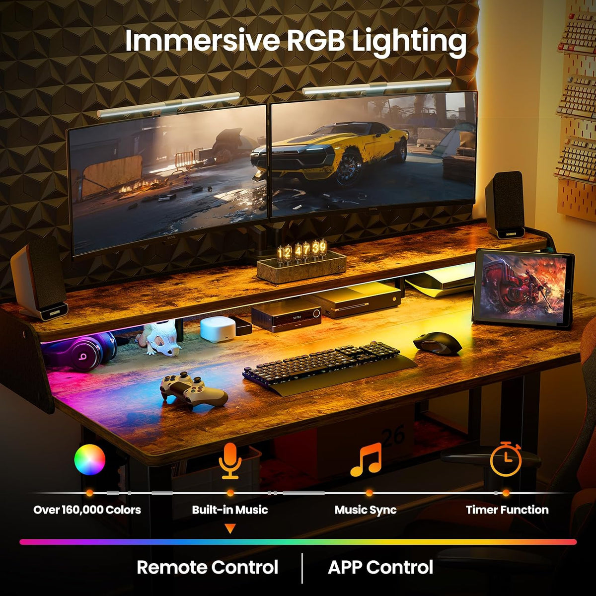 ErGear Electric Standing Desk, 48x24 Inch Adjustable Sit Stand Desk with Bookshelf & Monitor Stand, Standing Gaming Desk with LED Light Strip, Stand Up Desk for Home Office, Vintage Brown
