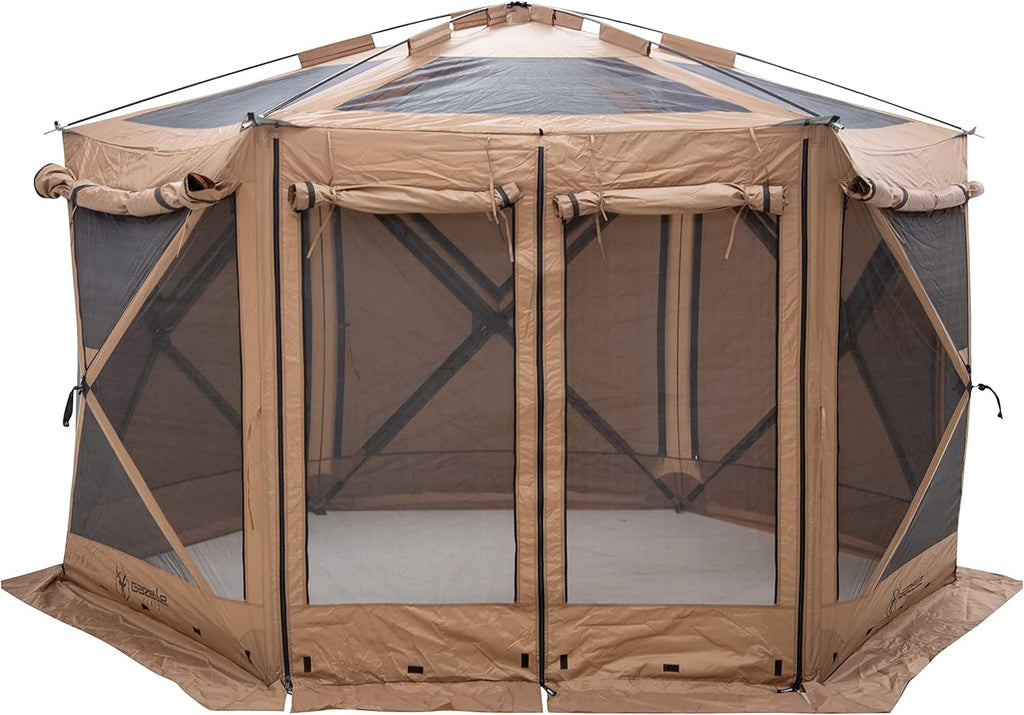 Gazelle Tents™ G6 Cool Top 6-Sided Portable Gazebo, Easy Pop-Up Hub Screen Tent, Waterproof, UV Resistant, 8-Person & Table, Badlands Brown, 91' x 139' x 123', GG620BR