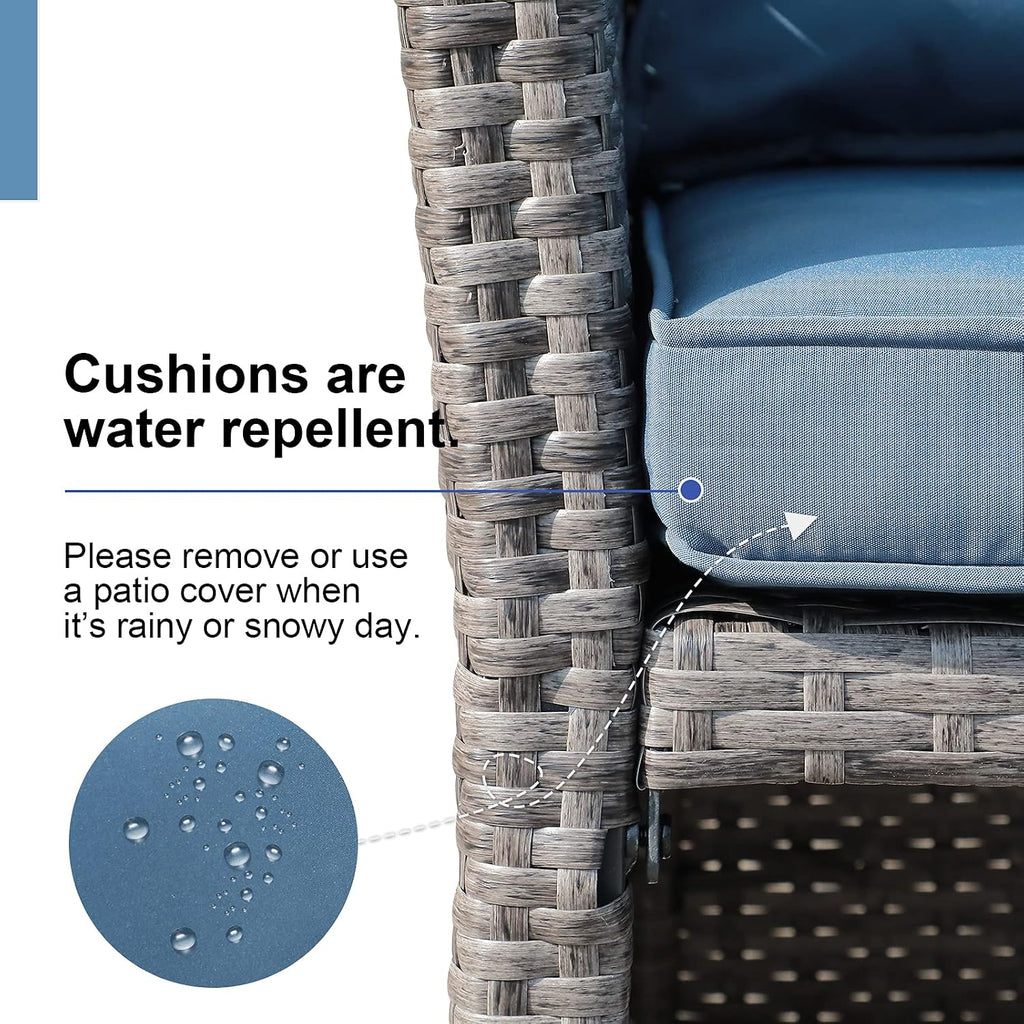 OC Orange-Casual 2-Piece Outdoor Patio Furniture Wicker Love-seat and Coffee Table Set, with Built-in Storage Bin, Grey Rattan, Navy Blue Cushions