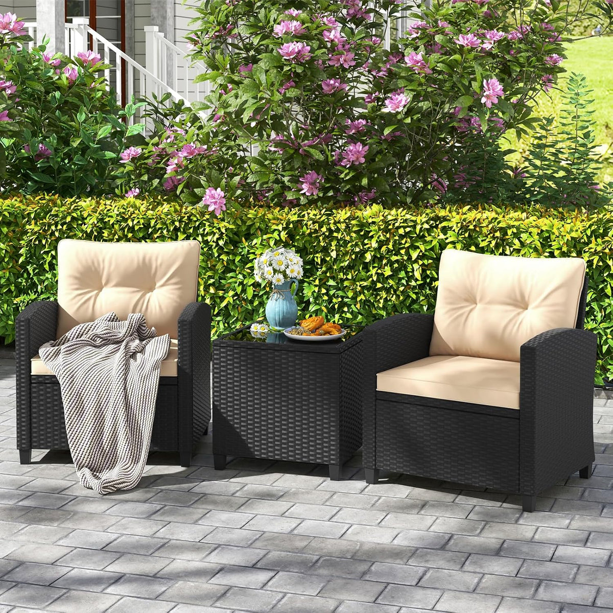 HAPPYGRILL 3 Pieces Wicker Patio Conversation Set, PE Rattan Bistro Sofa Set with Tempered Glass Coffee Table, Washable Cushions, Outdoor Furniture Set for Garden Poolside Balcony (Beige)
