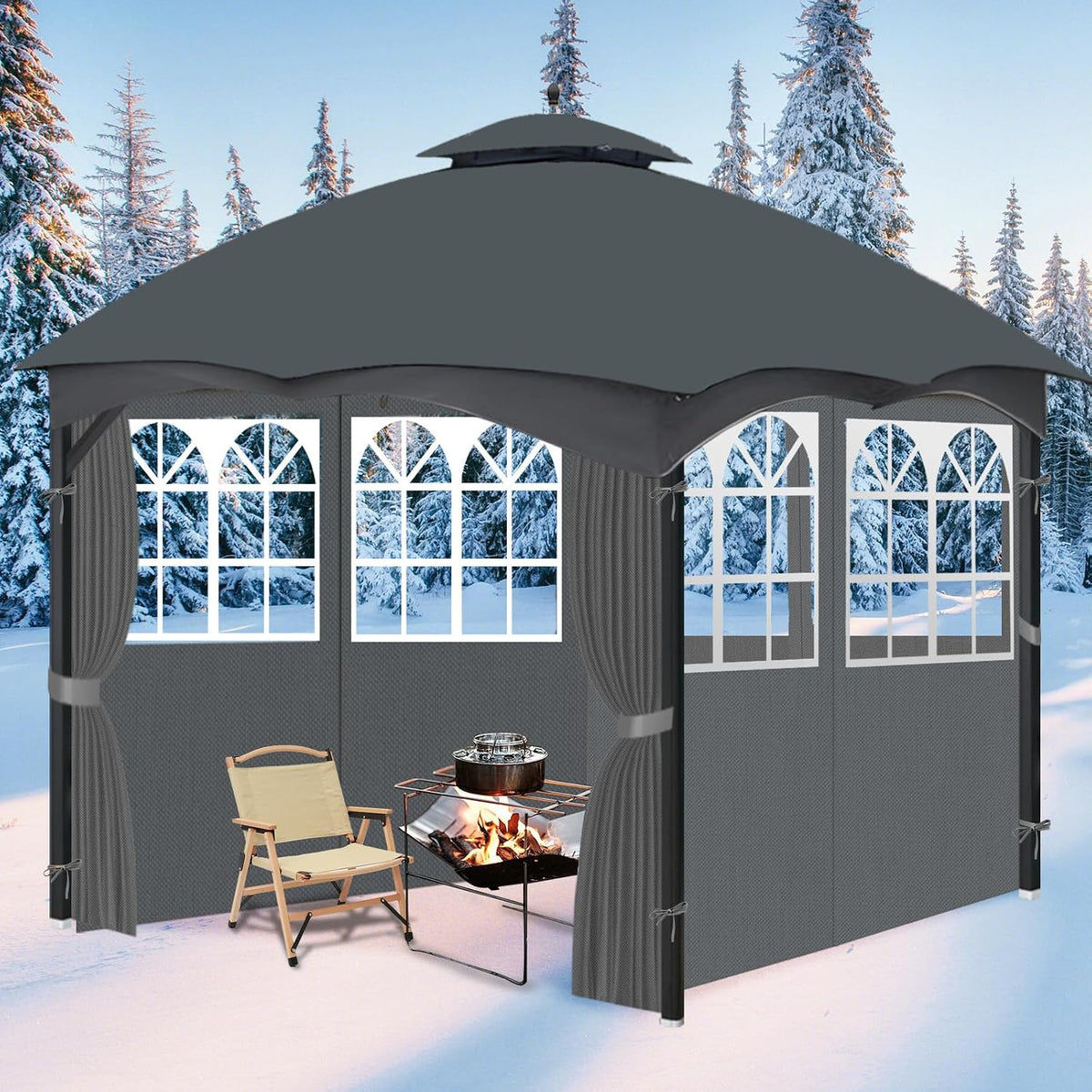 10'x12' Gazebo Curtains Outdoor Waterproof with PVC Windows, 4-Panel Sidewalls Universal Replacement Privacy Curtain, Outdoor Curtains for Patio, Backyard (Grey)