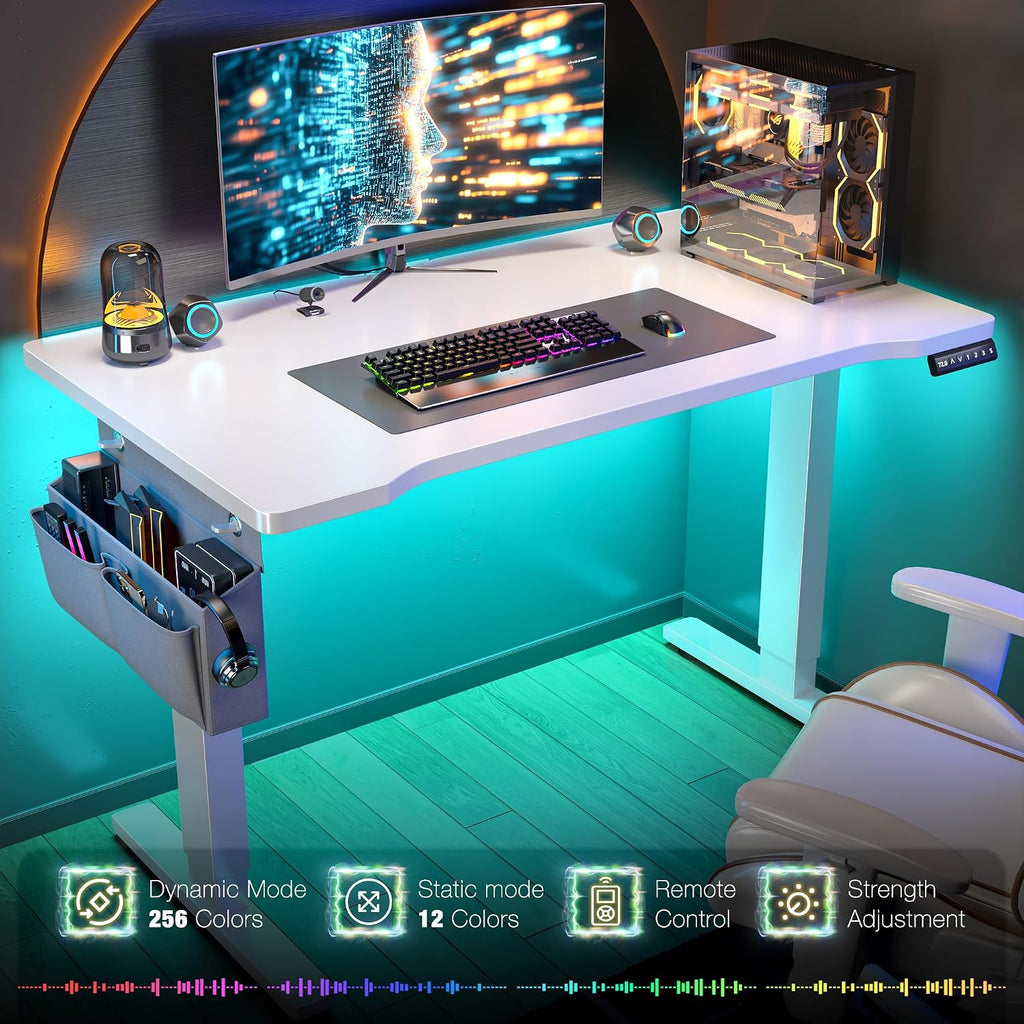 EnHomee Electric Standing Desk with LED Lights,Computer Desk 56 x 24 Inch Height Adjustable with 3 Memory Preset,Gaming Sit Stand Desk with Storage Side Pocket and Cable Management,White