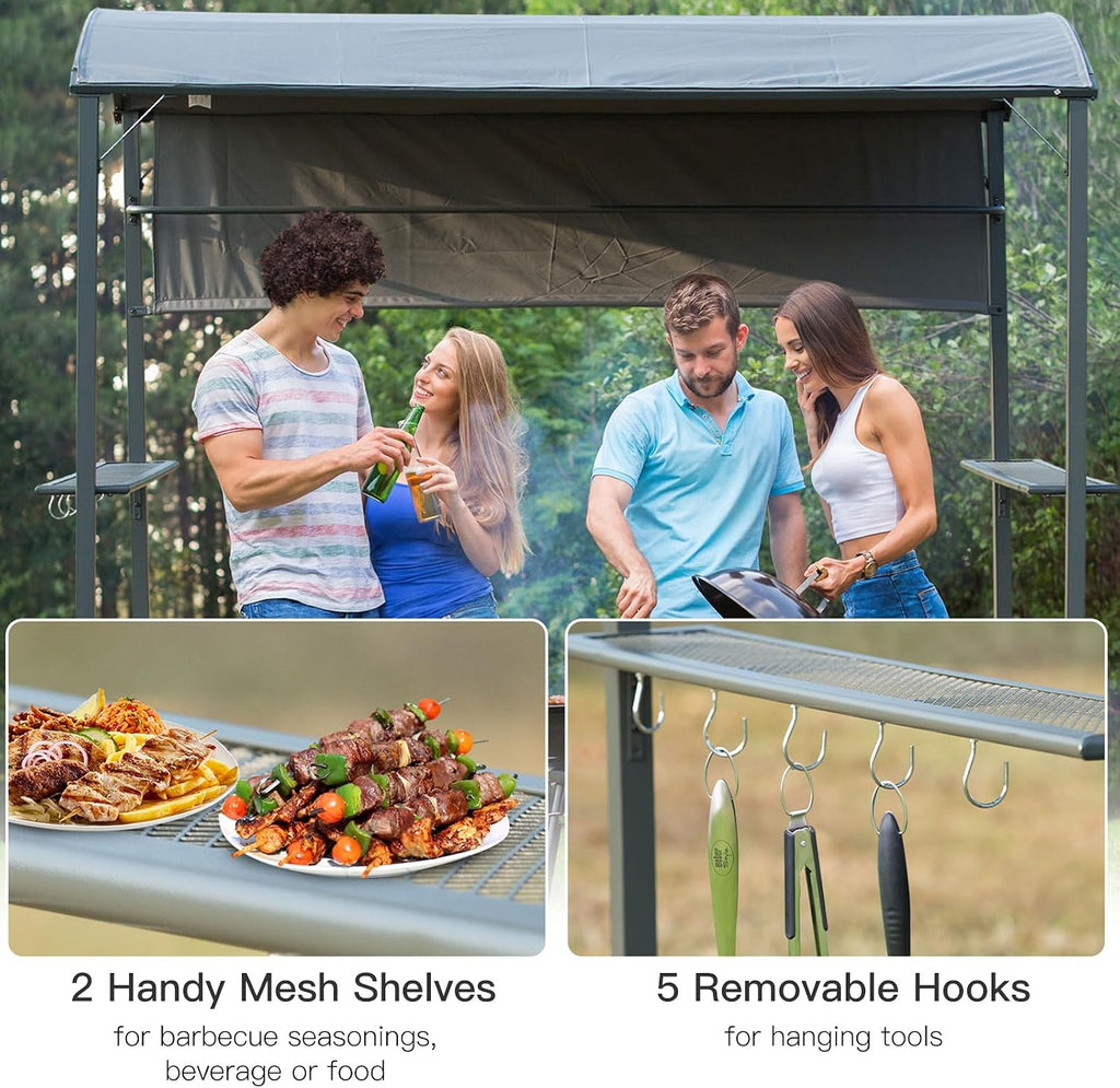Outsunny 7FT Grill Gazebo BBQ Canopy with Sun Shade Panel Side Awning, 2 Exterior Serving Shelves, 5 Hooks for Patio Lawn Backyard Multi