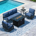 Aluminum Outdoor Patio Furniture Set,5 Pieces 5 Seats Metal Patio Sectional Furniture Set,Patio Conversation Sets with 45' Propane Fire Pit Table,Swivel Rocking Chairs Set,Navy Blue