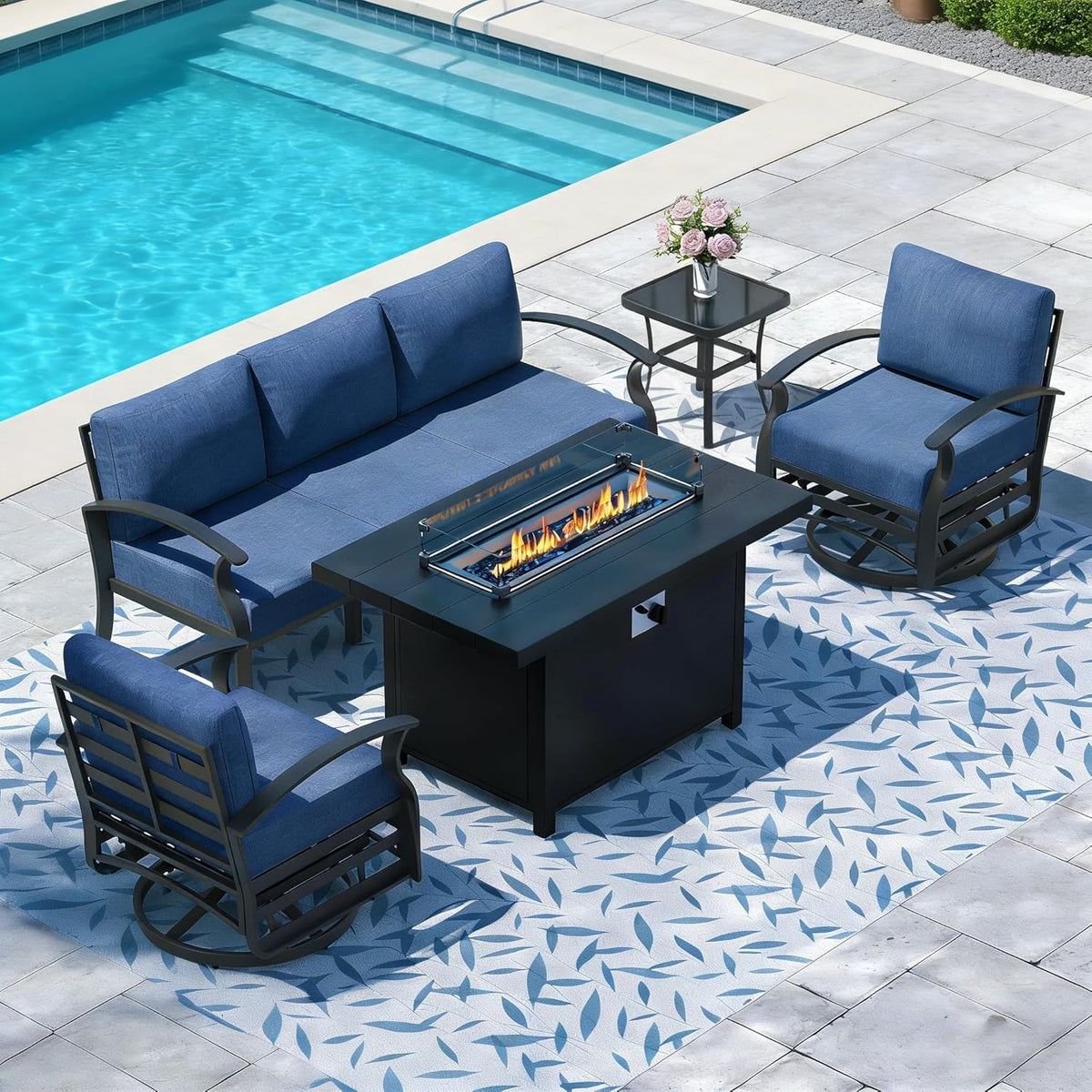 Aluminum Outdoor Patio Furniture Set,5 Pieces 5 Seats Metal Patio Sectional Furniture Set,Patio Conversation Sets with 45' Propane Fire Pit Table,Swivel Rocking Chairs Set,Navy Blue