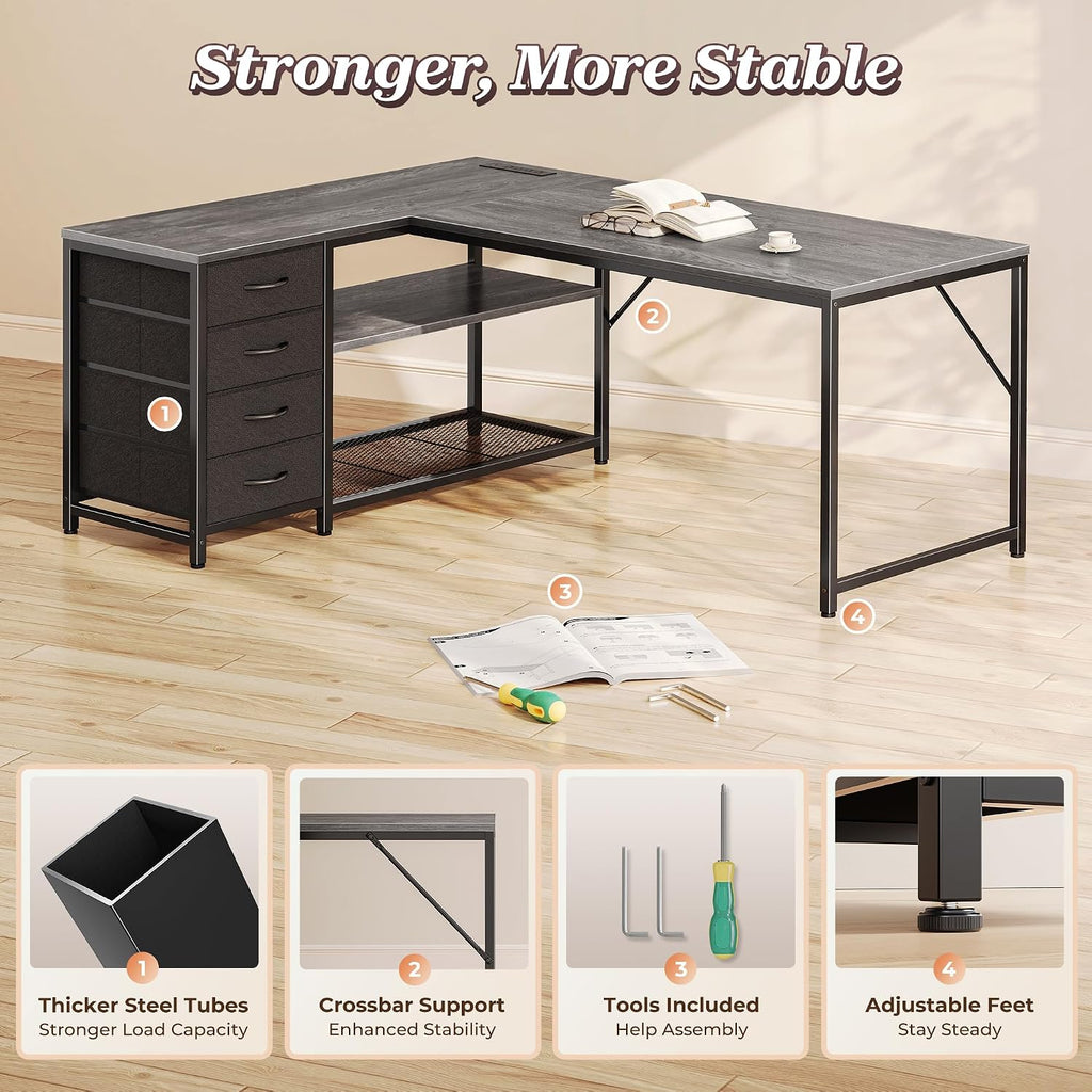PRAISUN 53' L Shaped Desk with Power Outlets and USB-C Port, Reversible Computer Corner Office Desk with 4 Fabric Drawers and 2 Height-Adjustable Shelves, Large for Gaming Writing Work Study, Grey