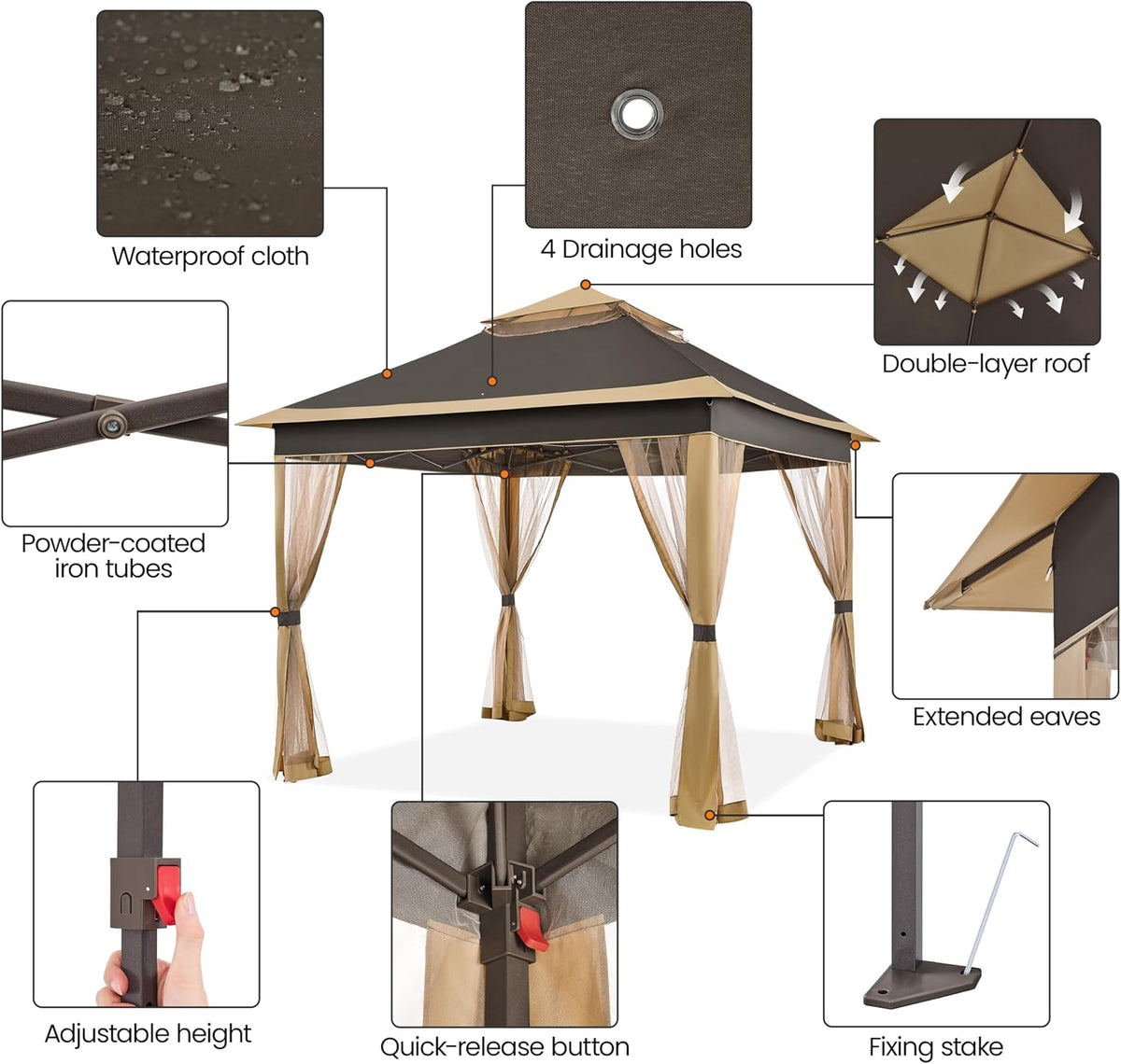 Yaheetech 11x11 Pop Up Gazebo Outdoor Canopy Shelter, Instant Patio Gazebo Sun Shade Canopy Tent with 4 Sandbags, 2 Tiers Roof & Mesh Netting for Lawn, Garden, Backyard & Deck, Brown