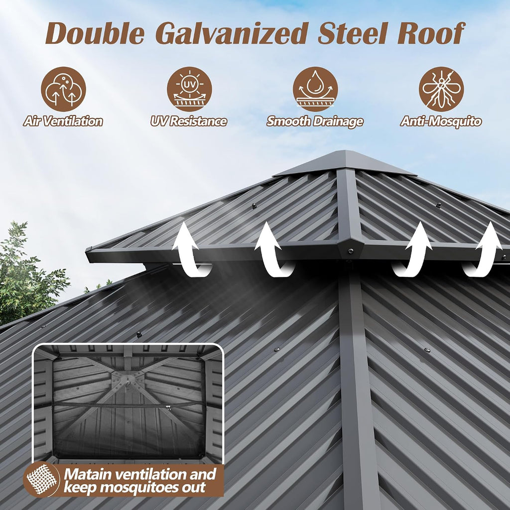 8.5'x8.5' Wood Gazebo, Outdoor Hardtop Gazebo with Wood Posts and Galvanized Steel Doule Roof, Wooden Frame Gazebos with Netting & Curtains for Patio Backyard Deck