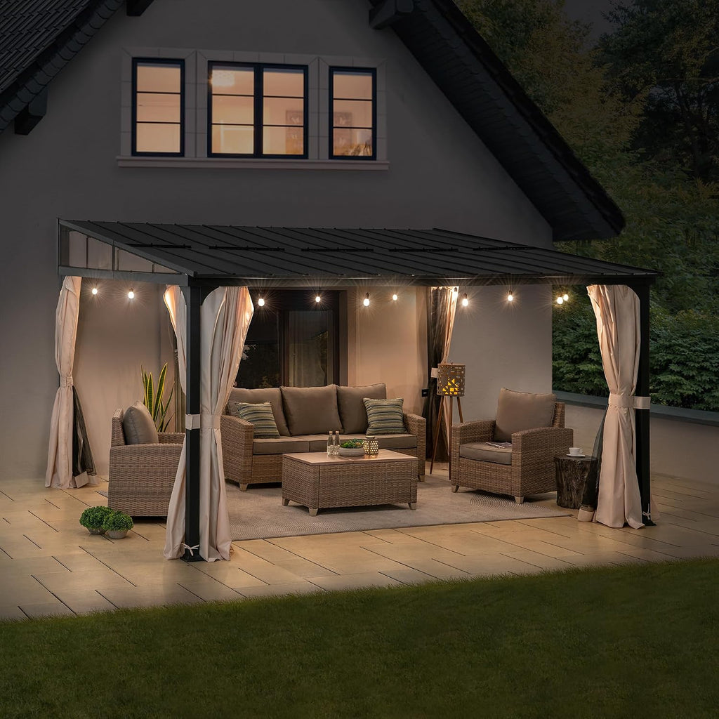 Sunjoy 12 x 14 ft Wall Mounted Gazebo with Powder Coated Steel Roof, Black Aluminum & Metal Frame Lean to Gazebo with Curtains and Netting