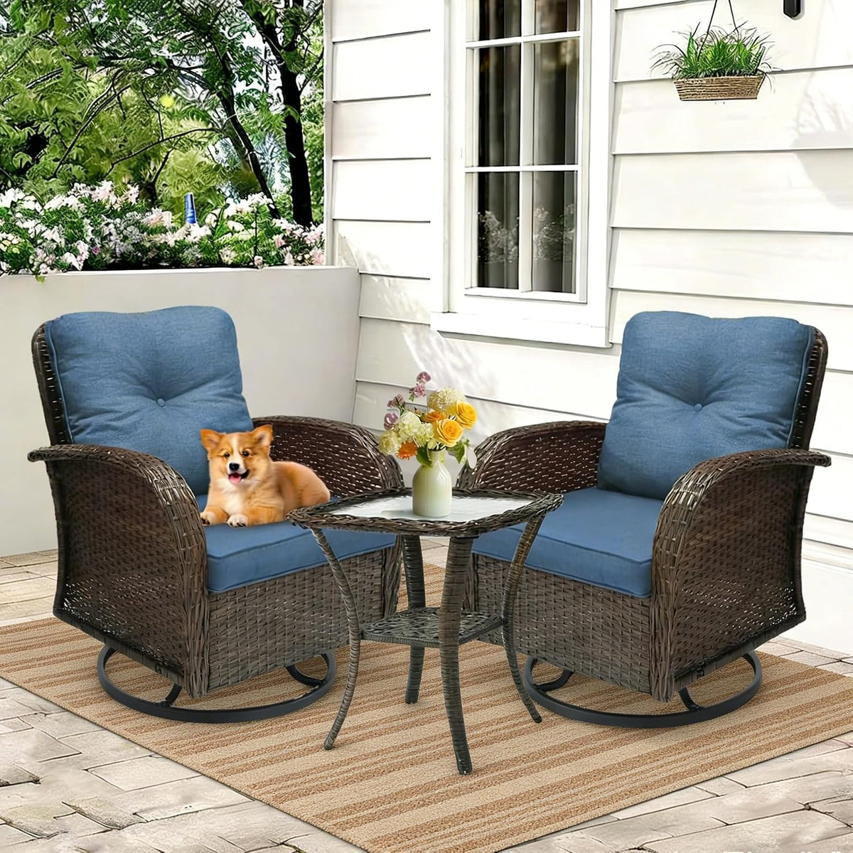 Outdoor Swivel Rocker Patio Chairs 3 Pieces，Swivel Patio Chairs with Cushions，Outdoor Swivel Rocking Chairs Set of 2 with Rattan Side Table，Patio Furniture Set for Outside Porch Deck
