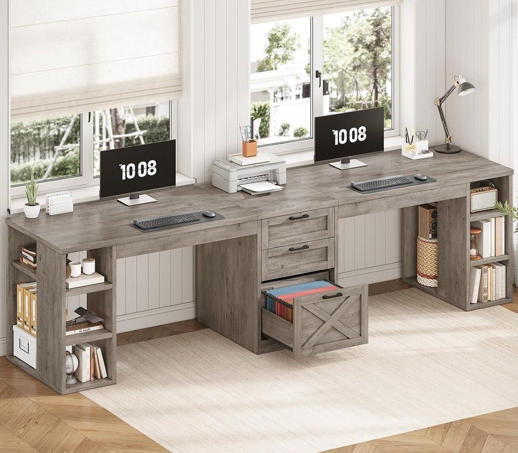SEDETA Farmhouse 96.5' Computer Desk with Drawers, 2 Person Home Office Desk, Gaming Double Desk with Storage Shelves, Long Two Person Writing Desk (Grey)