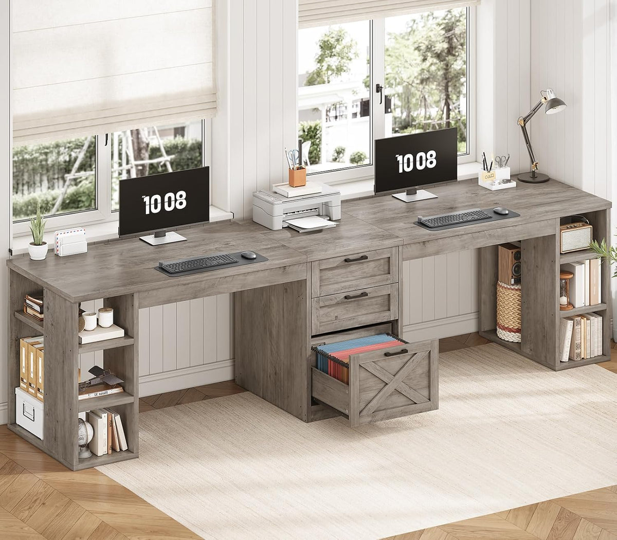 SEDETA Farmhouse 96.5' Computer Desk with Drawers, 2 Person Home Office Desk, Gaming Double Desk with Storage Shelves, Long Two Person Writing Desk (Grey)