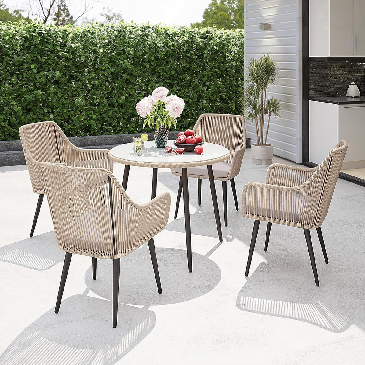 Patiorama 5-Piece Patio Dining Set, Outdoor Dining Table Chair Set, All-Weather Twisted Rattan Wicker Rope Conversation Set, Patio Furniture Set w/Umbrella Hole, 4 Cushioned Chairs&Glass Table(Tan)