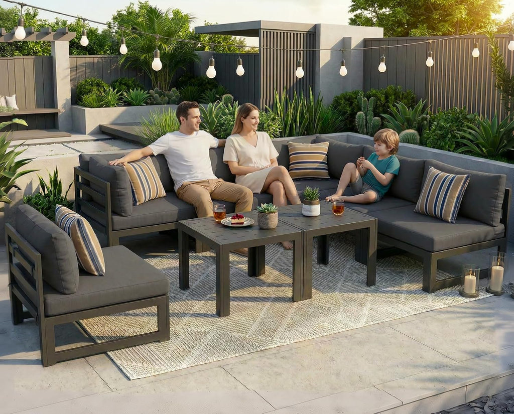 RADIATA 8 Pcs L Shaped Contemporary Aluminum Outdoor Furniture Set, 29' Deep Wide Couch Set for 500 lbs High Weight Capacity, Large Modular Patio Sectional Sofa with Coffee Table for Garden, Dark Grey