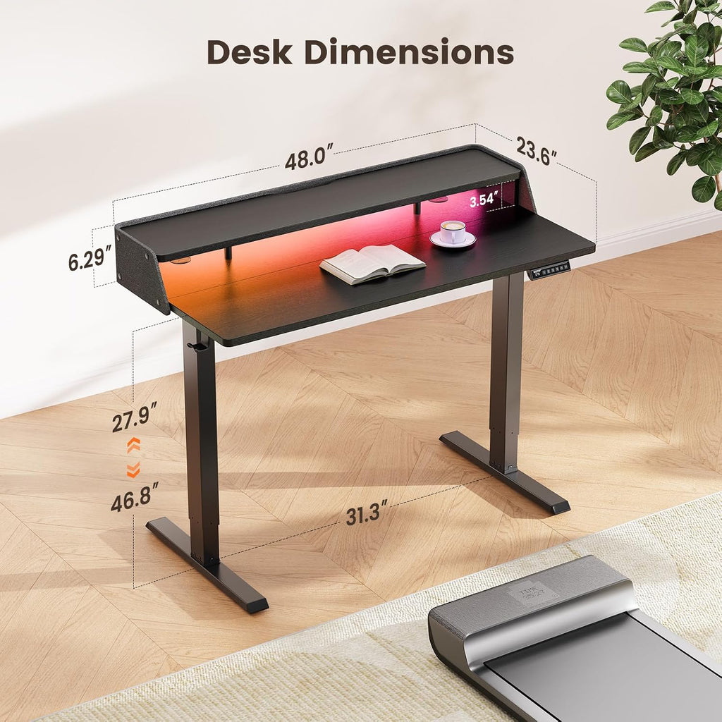 ErGear Standing Desk with LED Strip, 48″ x24″ Electric Height Adjustable RGB Gaming Desk with Shelf, Sit Stand Desk with Dual Cable Holes, C-Clamp Mount Compatible, 4 Preset Heights, Black
