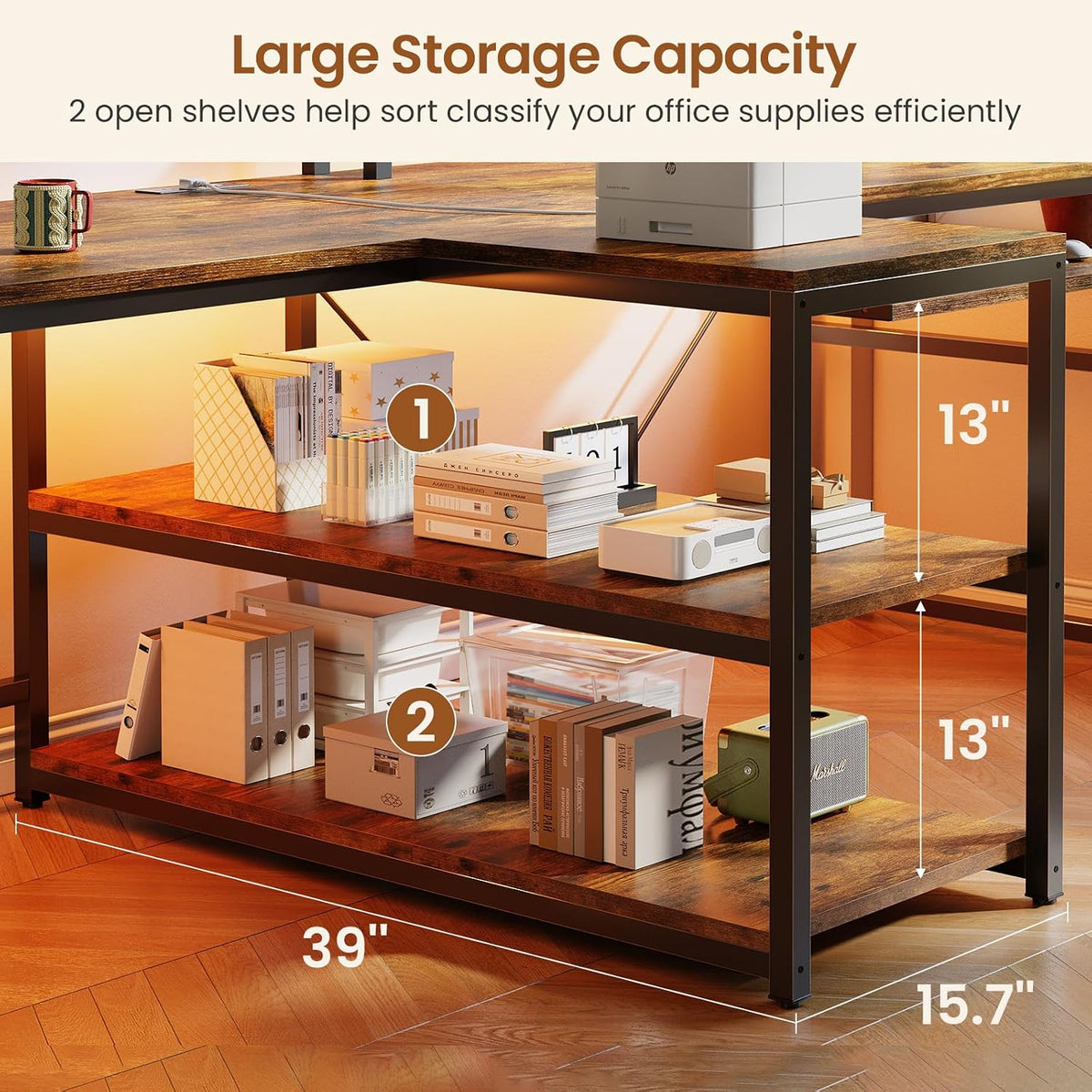 SEDETA 94.5' Home Office Desks, Computer Gaming Desk with Storage, LED Lights, Power Strip with USB, Keyboard Tray & Monitor Stand, Extra Long Double Desk for 2 Person, Rustic Brown