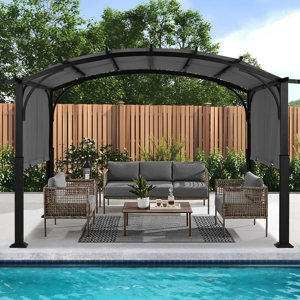 ABCCANOPY Outdoor Pergola 10'x12', Arched Patio Gazebo with Retractable Sun Shade, Dary Gray