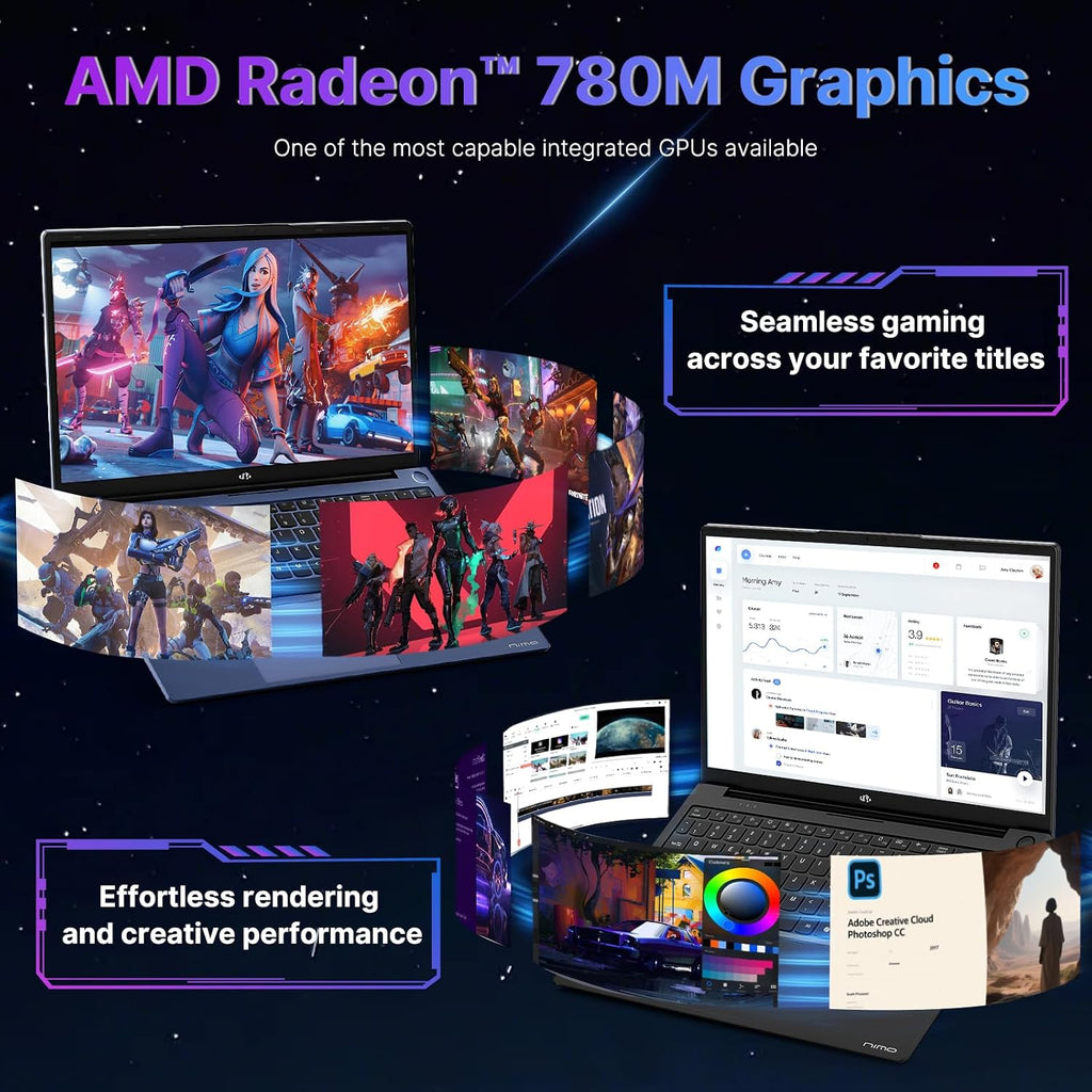 NIMO 17.3 Gaming-Laptop Ryzen 9 8945HS (Beat i9-13900H, Up to 5.2GHz) 16GB RAM, 1TB SSD, Radeon 780M, PD 100W Type-C AI-Enhanced for Copilot VR Ready, Backlit Keyboard, Fingerprint