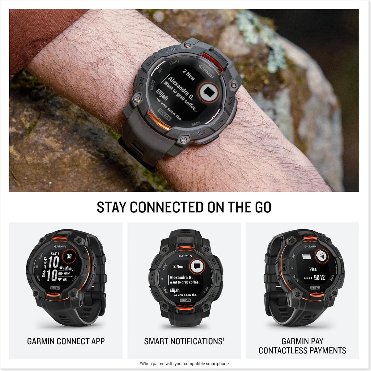 Garmin Instinct® 3 45mm, Solar Charged Display, Rugged Outdoor GPS Smartwatch, Metal-Reinforced Bezel, Built-in Flashlight, Black