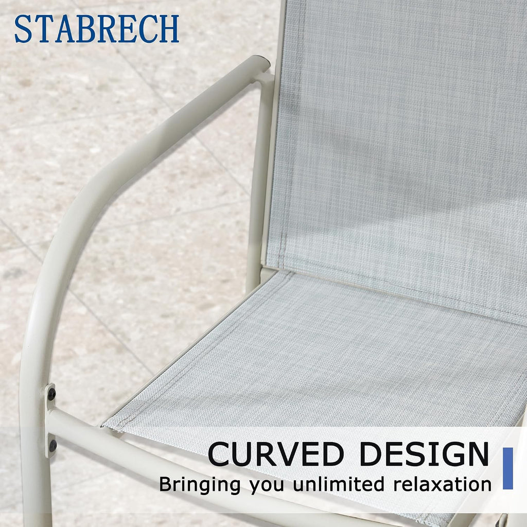 5 Pieces Patio Dining Set for 4, Beige Blue Patio Stackable Chairs and Honey Oak Round Table Set of 4, Outdoor Furniture Set with Sling Support for Outside, Garden