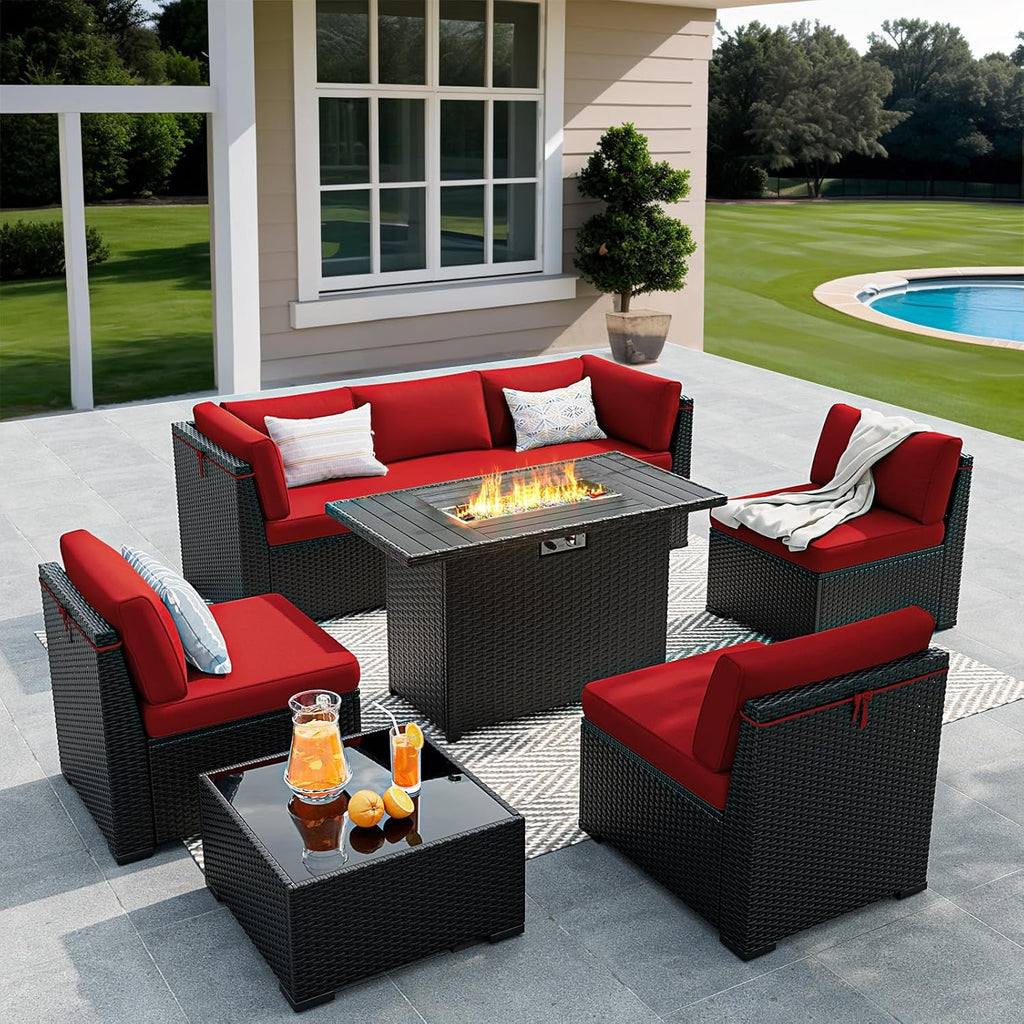 8 Pieces Outdoor Patio Furniture Set with 44' Fire Pit Table Black Rattan Sectional Conversation Sets w/Gas Fire Pit, Coffee Table, 1 Waterproof Covers, Wine red