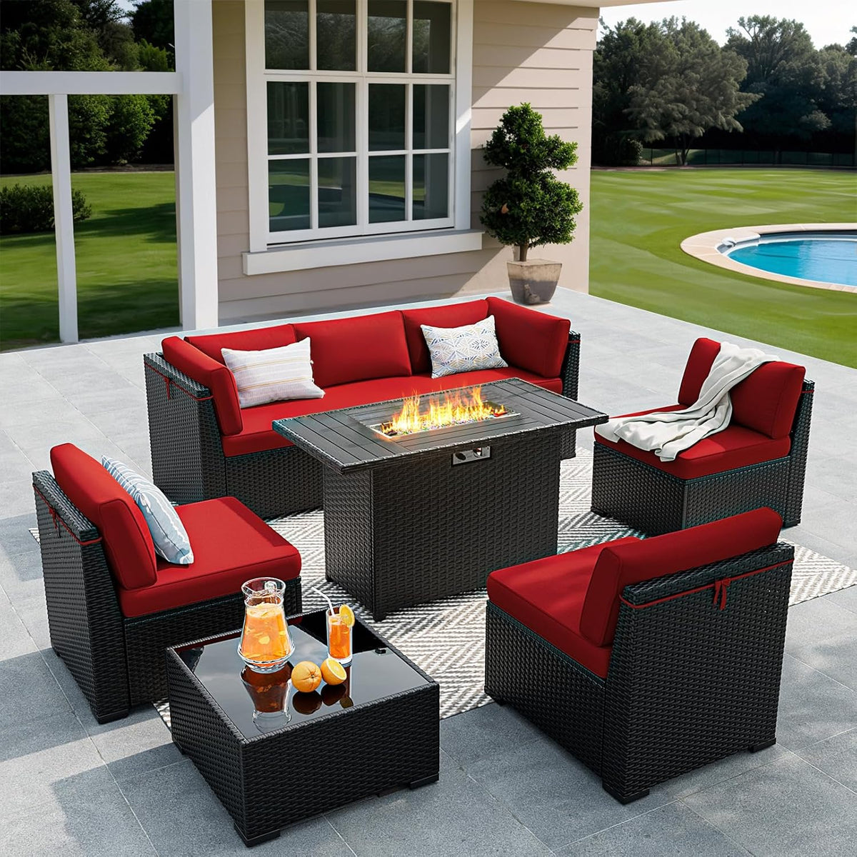 8 Pieces Outdoor Patio Furniture Set with 44' Fire Pit Table Black Rattan Sectional Conversation Sets w/Gas Fire Pit, Coffee Table, 1 Waterproof Covers, Wine red