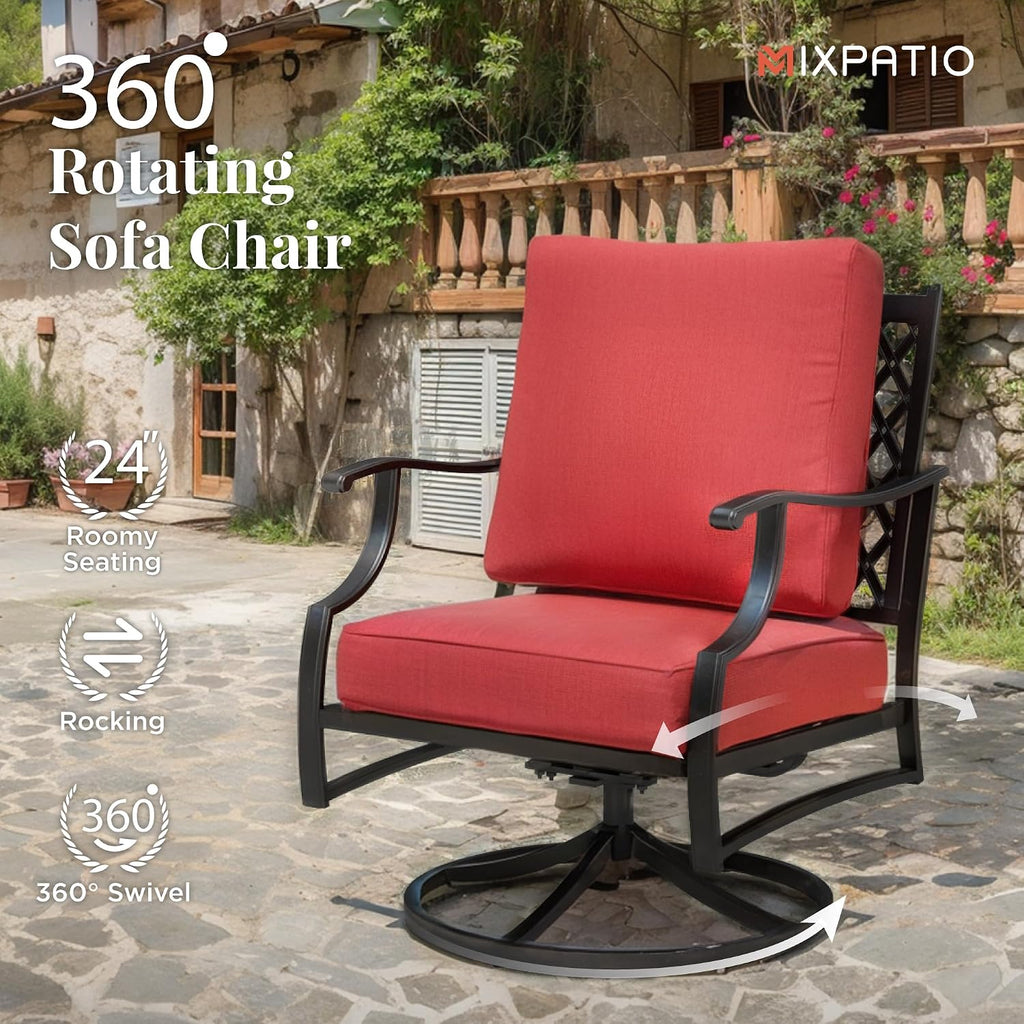 MIXPATIO Patio Furniture Set with Fire Pit Table, 5 Pcs Metal Outdoor Conversation Set, 4 Swivel Chairs with 5.75' Extra Thick Cushion and 28' Fire Pit Table for Backyard Deck, Red
