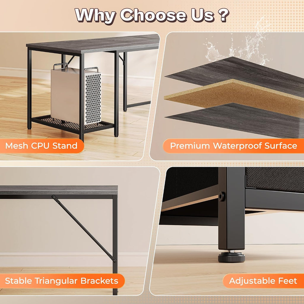 PRAISUN 66' L Shaped Gaming Desk with LED Lights & Power Outlets, Computer Desk with Fabric Drawers and Print Stand, Corner Office Desk, Monitor Stand, Mesh CPU Stand, Grey