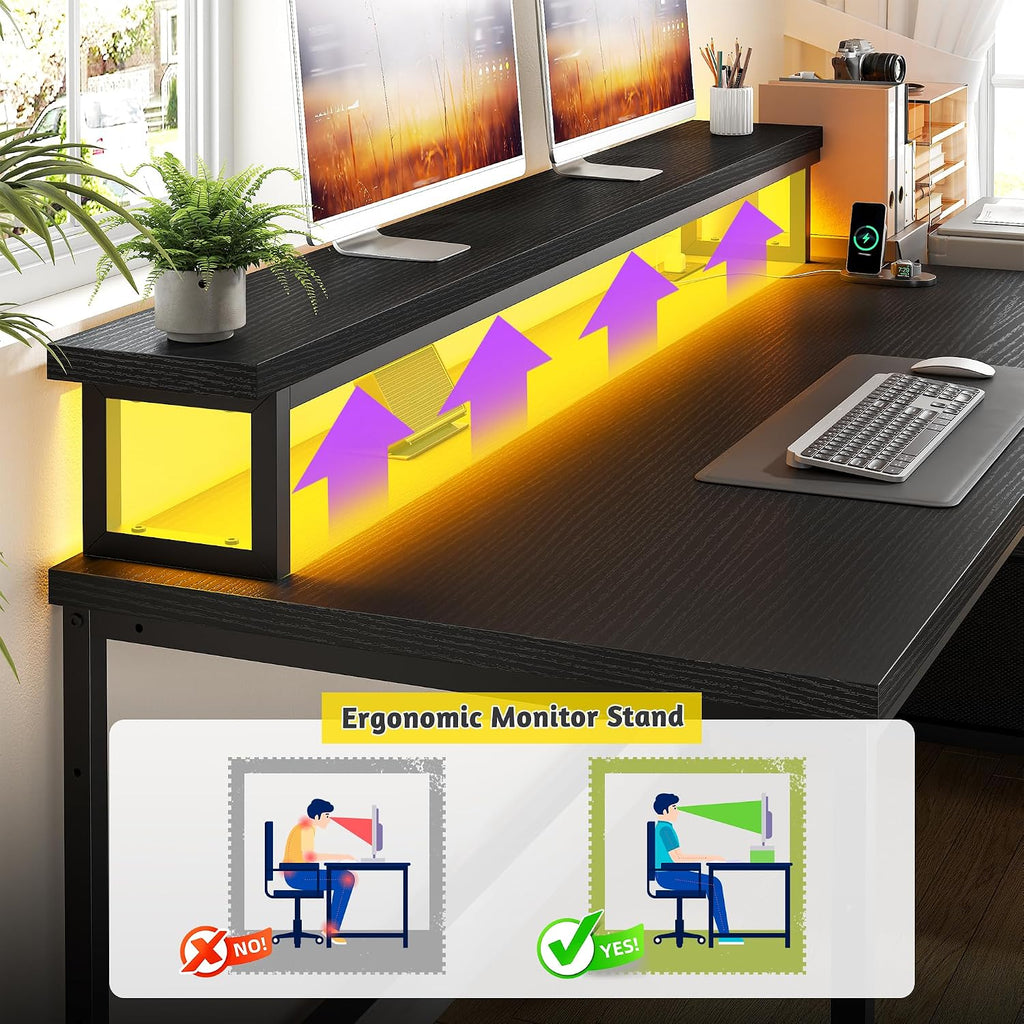 DurayLoly Gaming Desk with Monitor Stand,Computer Desk with LED Lights &Power Outlets,Office Desk with Drawers & Printer Shelf,Writing Table with Side Storage Bag,57' W x 20' D x 36' H,Black Desk