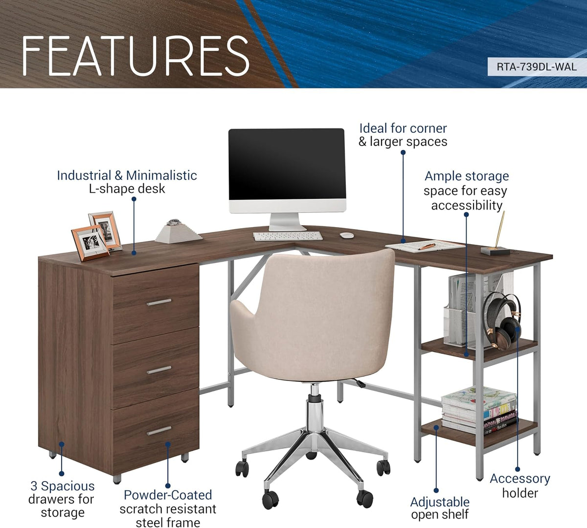 Techni Mobili L Shaped Desk - Two-Toned Computer Desk with Drawers & Storage Shelves - Simple Modern Furniture & Home Office Space Corner Table for Work & Writing