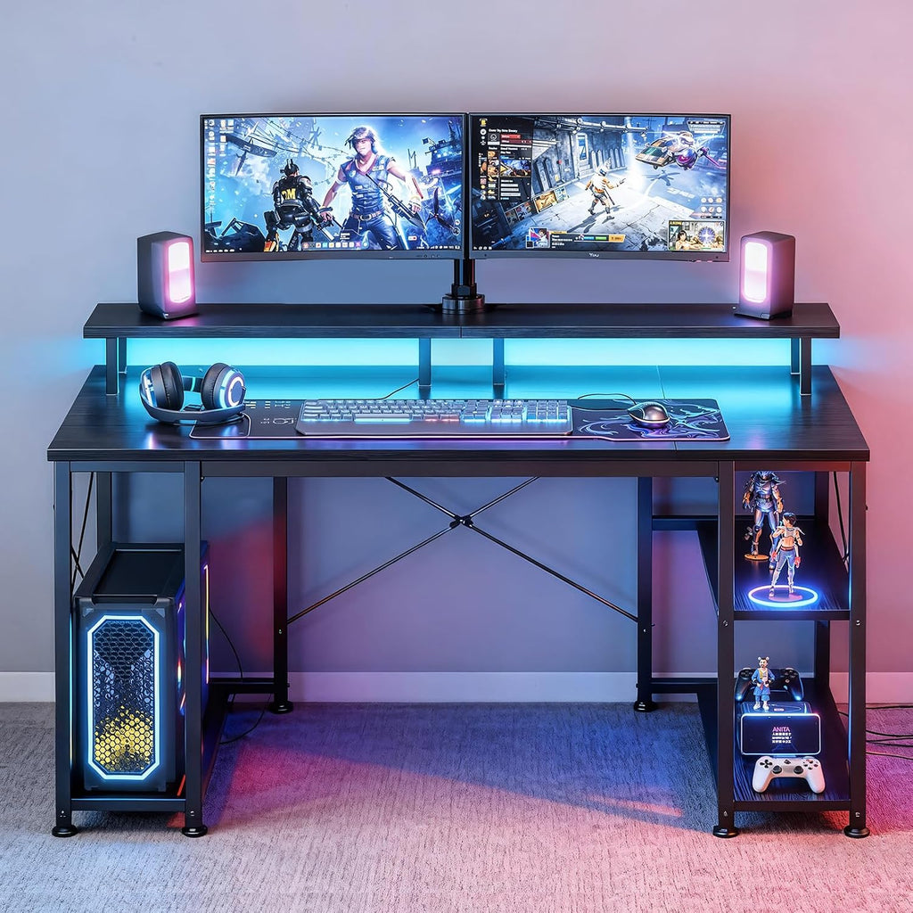 ODK 55 inch Gaming Desk with LED Lights & Power Outlets, Computer Desk with Monitor Stand & Storage Shelves, CPU Stand, Home Office Desk, Black