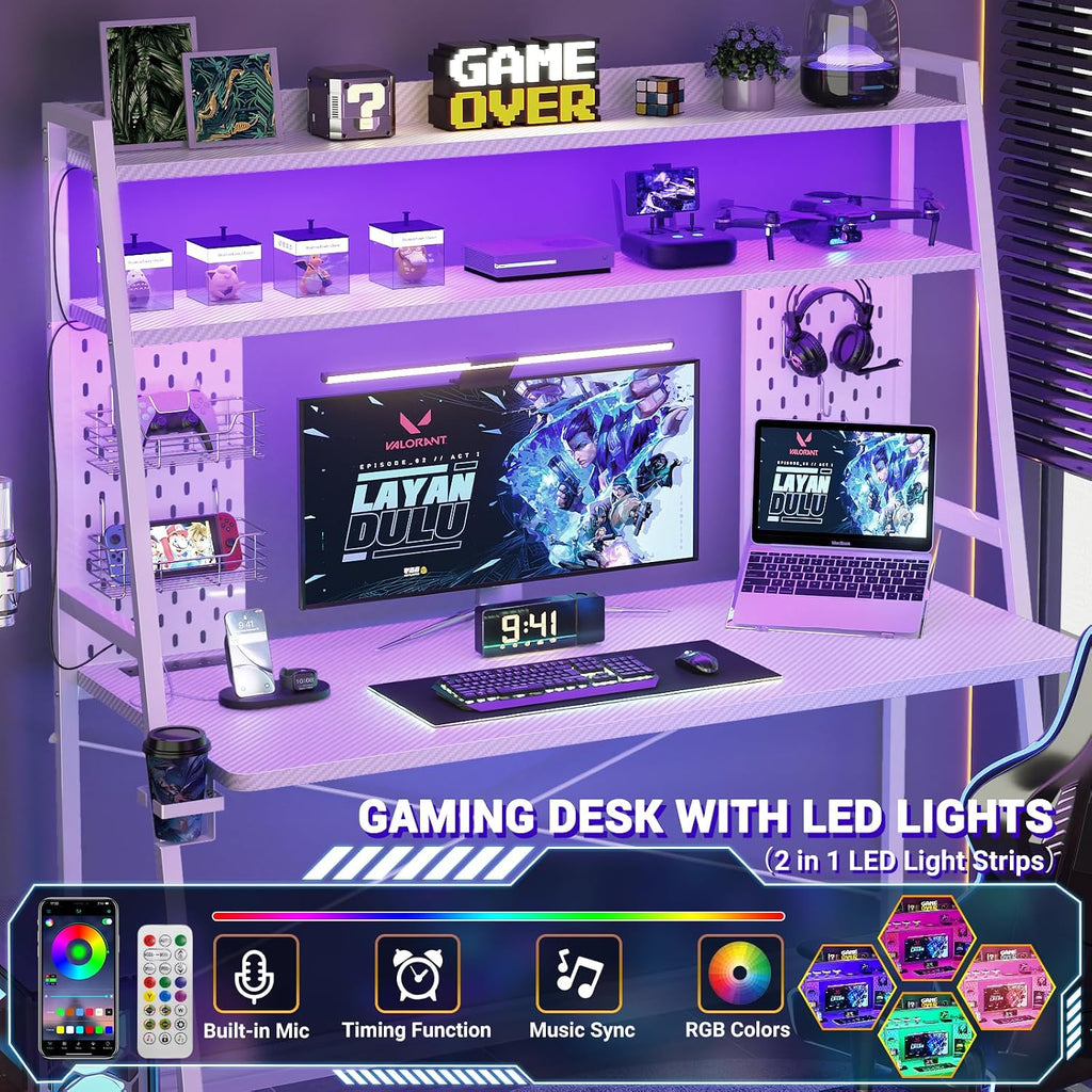 Besiost Gaming Desk with Hutch and LED Lights, Gaming Computer Desk with Power Outlets, Gamer Desk with Storage Shelves, PC Game Desk with Pegboards for Bedroom, Carbon Fiber White, 49'