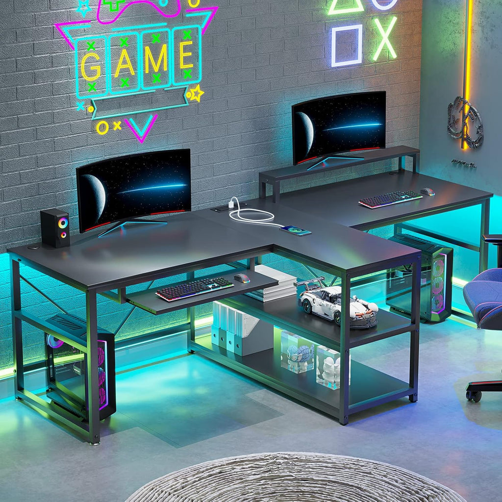 SEDETA 94.5' Office Computer Desk, 2 Person Gaming Desk with Storage, LED Lights, Keyboard Tray, Power Strip with USB & Monitor Stand, Long Two Person Desk for Home Office, Black