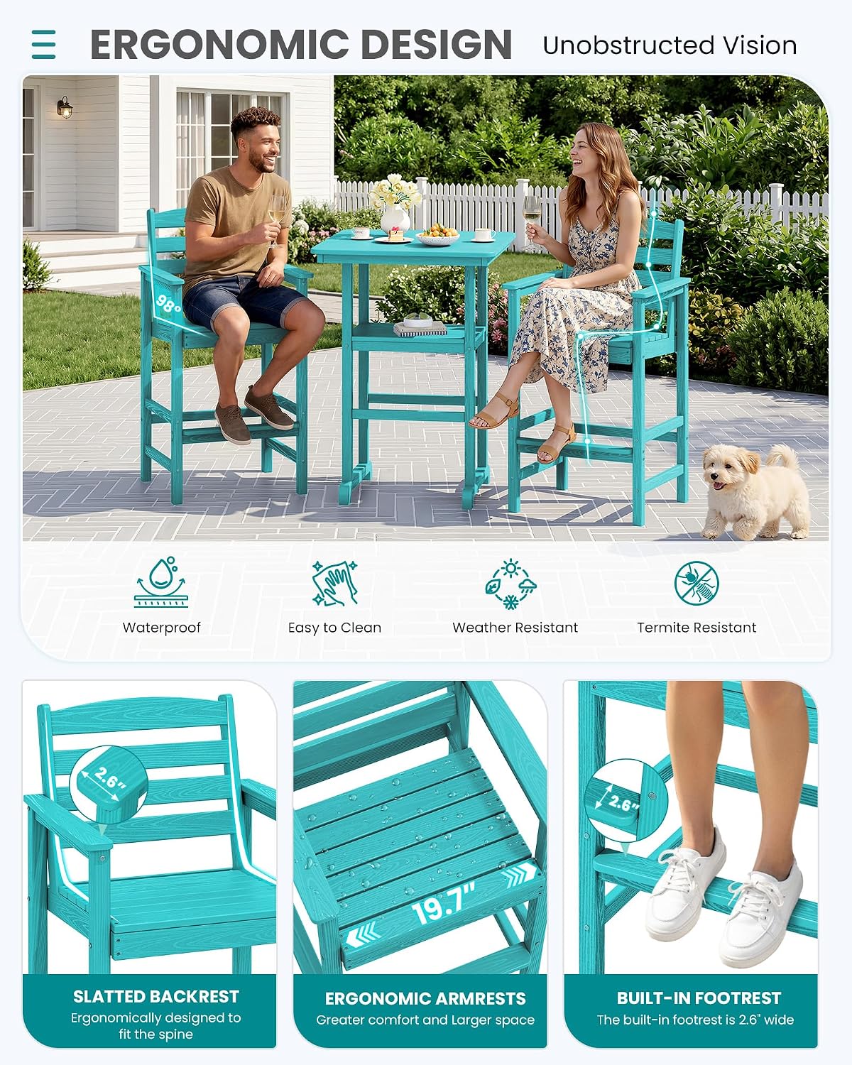 SERWALL Balcony Adirondack Chairs and Table 3 Pieces Set, Oversize Adirondack Bar Height Chairs Set of 2 and Bar Table, Outdoor Bar Stools Set, Aruba