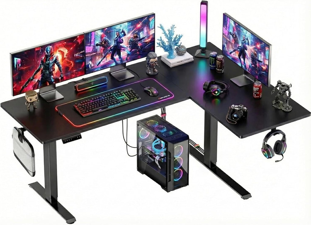 HUANUO Dual Motor L-Shaped Standing Gaming Desk, 71 x 48 inch Corner Standing Desk, Electric Adjustable Gamer Computer Table with Cable Tray & 3 Preset Heights, Raising Table for Home Office, Black