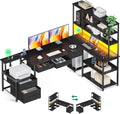 AODK 71 inch L Shaped Desk with 5 Drawers, Reversible L Shaped Gaming Desk with LED Light & 2 Power Outlets, Computer Desk with Storage Shelves for Home Office, Black