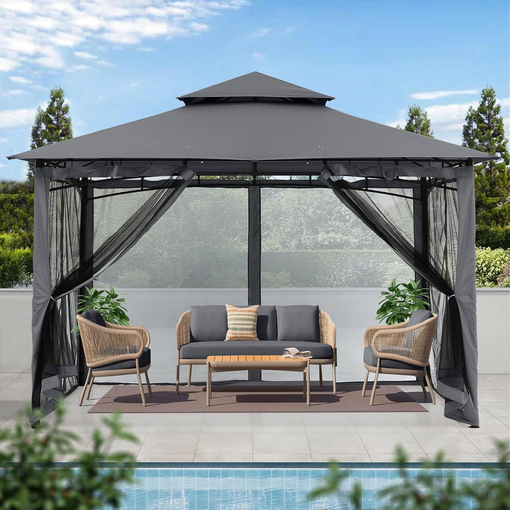MASTERCANOPY Outdoor Garden Gazebo for Patios with Stable Steel Frame and Netting Walls (11x11,Dark Gray)