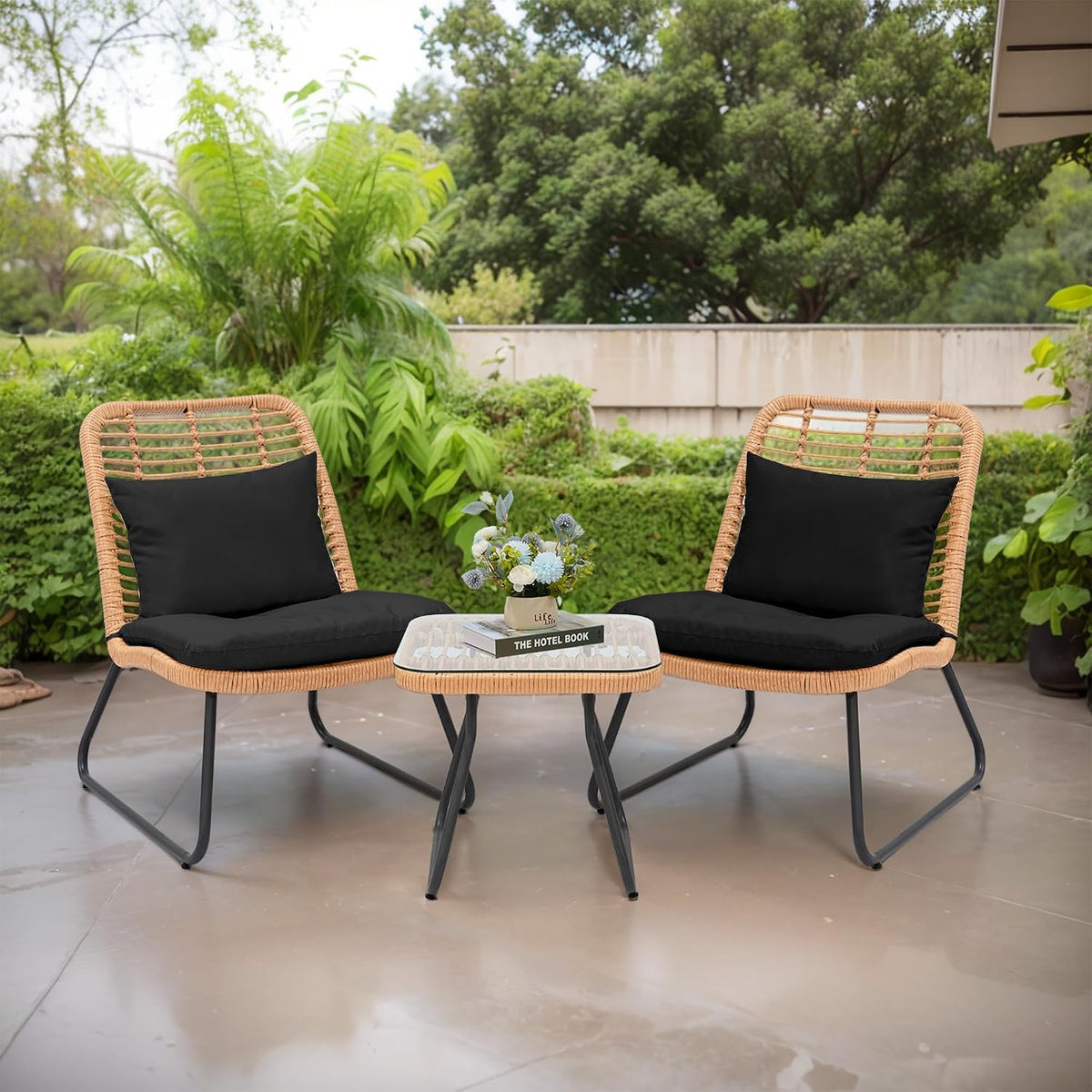 Tappio 3 Piece Outdoor Wicker Furniture Patio Bistro Set, Balcony Furniture Rattan Conversation Sets with Cushions, Wicker Patio Chairs Patio Furniture Set for Outdoor Poolside Garden