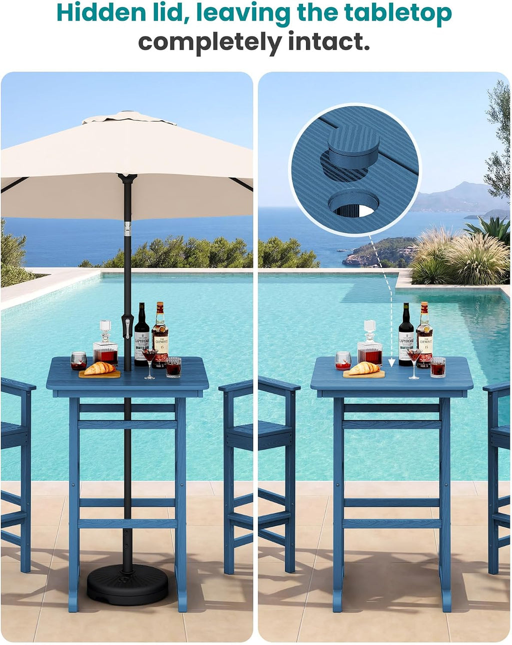 SERWALL 4 Pieces Outdoor Patio Bar Set with 9ft Umbrella, Outdoor HDPE Barstool and Table Furniture Set with Patio Umbrella, Blue