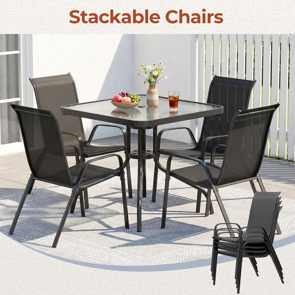 TLSUNNY Patio Dining Set 5 Pieces, All Weather Outdoor Furniture W/30'X 30' Table and 4 Stackable Textilene Chairs, Metal Table and Chairs for Lawn, Garden, Poolside, Backyard (Umbrella not Included)