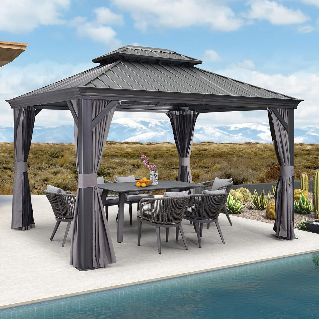PURPLE LEAF 10' X 12' Permanent Hardtop Gazebo Aluminum Gazebo with Galvanized Steel Double Roof for Patio Lawn and Garden, Curtains and Netting Included, Grey