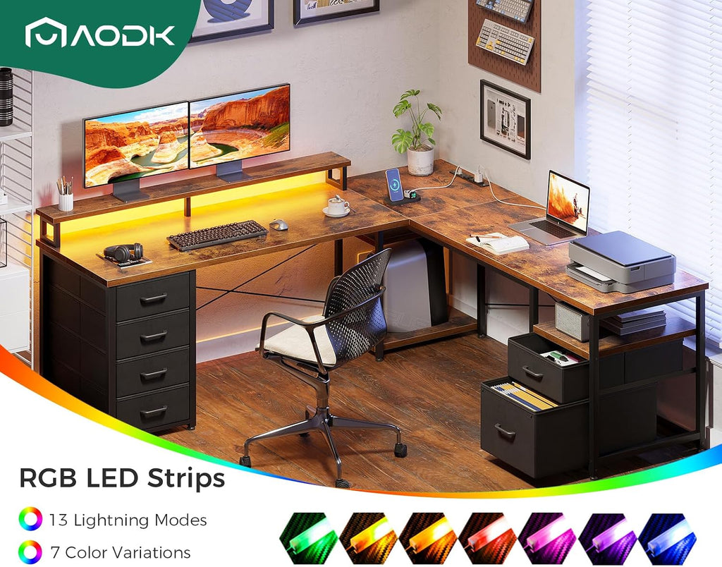 AODK 66' L Shaped Computer Desk, 113' Reversible Home Office Desk with File Cabinet & 4 Fabric Drawers, Two Person Desk with LED Lights & Power Outlet, Corner Gaming Desk with Monitor Shelf, Vintage